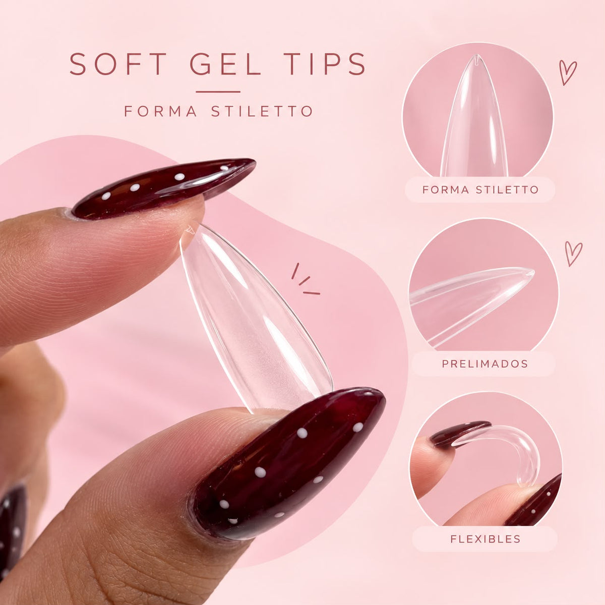 Tips Soft Gel Stiletto – Talla M (240 unidades)